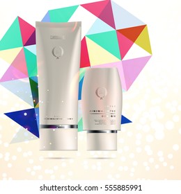 Cosmetic ads with hydrating facial cream mask bottle isolated on glitter particles background with geometric modern elements