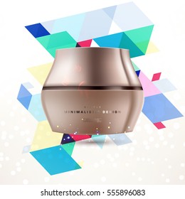Cosmetic ads with hydrating facial cream mask bottle isolated on glitter particles background with geometric modern elements