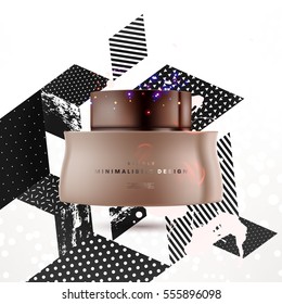 Cosmetic ads with hydrating facial cream mask bottle isolated on glitter particles background with geometric modern elements