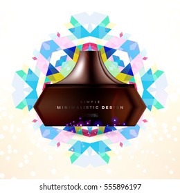 Cosmetic ads with hydrating facial cream mask bottle isolated on glitter particles background with geometric modern elements