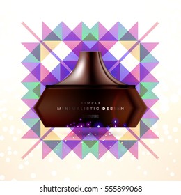 Cosmetic ads with hydrating facial cream mask bottle isolated on glitter particles background with geometric modern elements