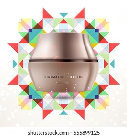 Cosmetic ads with hydrating facial cream mask bottle isolated on glitter particles background with geometric modern elements
