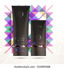 Cosmetic ads with hydrating facial cream mask bottle isolated on glitter particles background with geometric modern elements