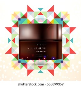 Cosmetic ads with hydrating facial cream mask bottle isolated on glitter particles background with geometric modern elements