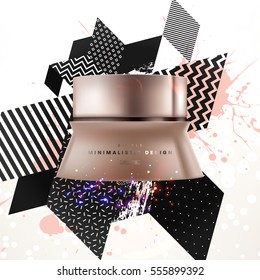 Cosmetic ads with hydrating facial cream mask bottle isolated on glitter particles background with geometric modern elements