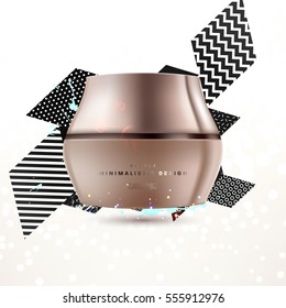 Cosmetic ads with hydrating facial cream mask bottle isolated on glitter particles background with geometric modern elements