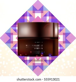 Cosmetic ads with hydrating facial cream mask bottle isolated on glitter particles background with geometric modern elements