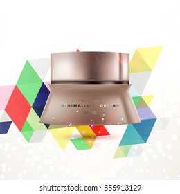 Cosmetic ads with hydrating facial cream mask bottle isolated on glitter particles background with geometric modern elements