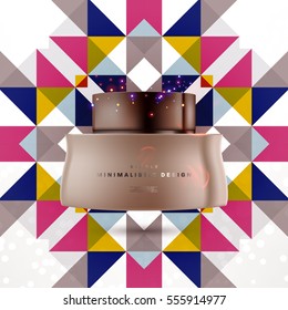 Cosmetic ads with hydrating facial cream mask bottle isolated on glitter particles background with geometric modern elements
