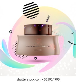 Cosmetic ads with hydrating facial cream mask bottle isolated on glitter particles background with geometric modern elements