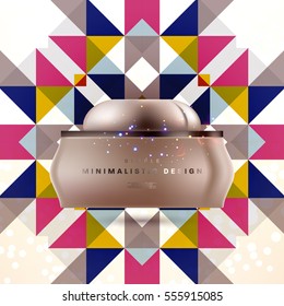 Cosmetic ads with hydrating facial cream mask bottle isolated on glitter particles background with geometric modern elements