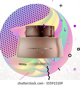 Cosmetic ads with hydrating facial cream mask bottle isolated on glitter particles background with geometric modern elements