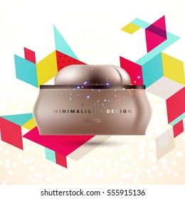 Cosmetic ads with hydrating facial cream mask bottle isolated on glitter particles background with geometric modern elements