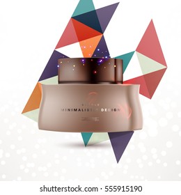 Cosmetic ads with hydrating facial cream mask bottle isolated on glitter particles background with geometric modern elements