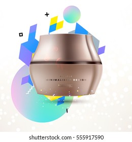 Cosmetic ads with hydrating facial cream mask bottle isolated on glitter particles background with geometric modern elements