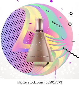 Cosmetic ads with hydrating facial cream mask bottle isolated on glitter particles background with geometric modern elements