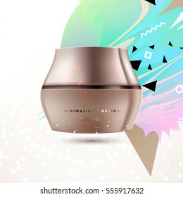 Cosmetic ads with hydrating facial cream mask bottle isolated on glitter particles background with geometric modern elements