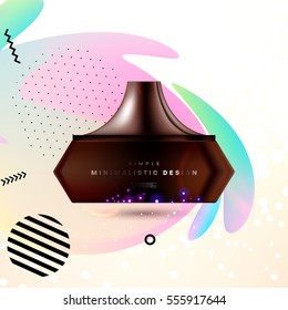 Cosmetic ads with hydrating facial cream mask bottle isolated on glitter particles background with geometric modern elements