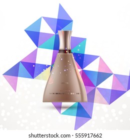 Cosmetic ads with hydrating facial cream mask bottle isolated on glitter particles background with geometric modern elements