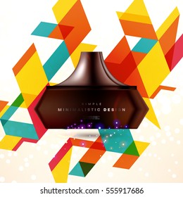 Cosmetic ads with hydrating facial cream mask bottle isolated on glitter particles background with geometric modern elements