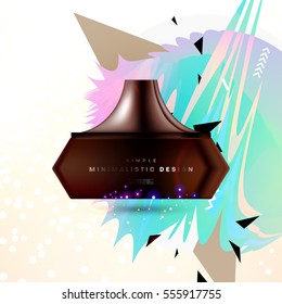 Cosmetic ads with hydrating facial cream mask bottle isolated on glitter particles background with geometric modern elements