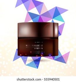 Cosmetic ads with hydrating facial cream mask bottle isolated on glitter particles background with geometric modern elements