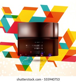Cosmetic ads with hydrating facial cream mask bottle isolated on glitter particles background with geometric modern elements