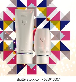 Cosmetic ads with hydrating facial cream mask bottle isolated on glitter particles background with geometric modern elements