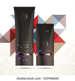 Cosmetic ads with hydrating facial cream mask bottle isolated on glitter particles background with geometric modern elements