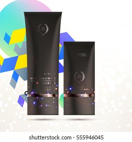 Cosmetic ads with hydrating facial cream mask bottle isolated on glitter particles background with geometric modern elements