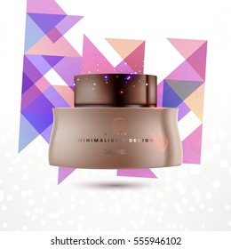 Cosmetic ads with hydrating facial cream mask bottle isolated on glitter particles background with geometric modern elements