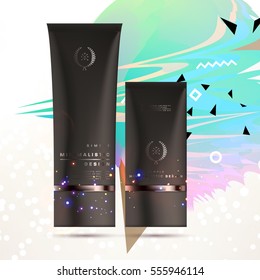 Cosmetic ads with hydrating facial cream mask bottle isolated on glitter particles background with geometric modern elements