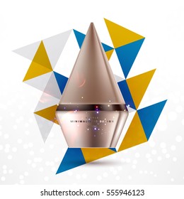 Cosmetic ads with hydrating facial cream mask bottle isolated on glitter particles background with geometric modern elements