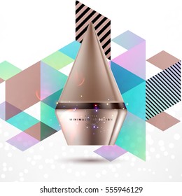 Cosmetic ads with hydrating facial cream mask bottle isolated on glitter particles background with geometric modern elements