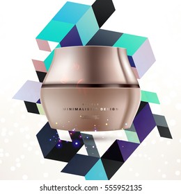 Cosmetic ads with hydrating facial cream mask bottle isolated on glitter particles background with geometric modern elements