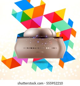 Cosmetic ads with hydrating facial cream mask bottle isolated on glitter particles background with geometric modern elements