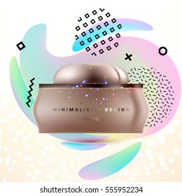 Cosmetic ads with hydrating facial cream mask bottle isolated on glitter particles background with geometric modern elements