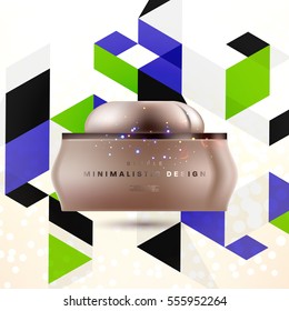 Cosmetic ads with hydrating facial cream mask bottle isolated on glitter particles background with geometric modern elements