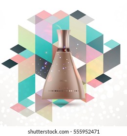 Cosmetic ads with hydrating facial cream mask bottle isolated on glitter particles background with geometric modern elements