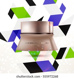 Cosmetic ads with hydrating facial cream mask bottle isolated on glitter particles background with geometric modern elements