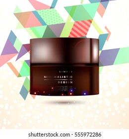 Cosmetic ads with hydrating facial cream mask bottle isolated on glitter particles background with geometric modern elements