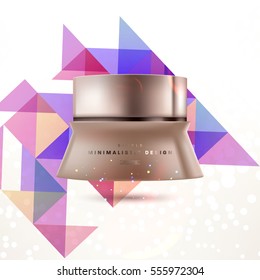 Cosmetic ads with hydrating facial cream mask bottle isolated on glitter particles background with geometric modern elements