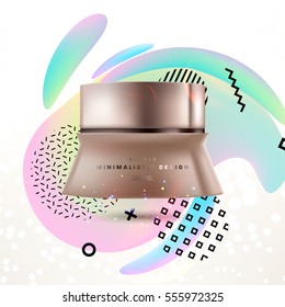 Cosmetic ads with hydrating facial cream mask bottle isolated on glitter particles background with geometric modern elements