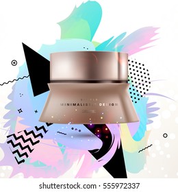 Cosmetic ads with hydrating facial cream mask bottle isolated on glitter particles background with geometric modern elements