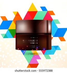 Cosmetic ads with hydrating facial cream mask bottle isolated on glitter particles background with geometric modern elements