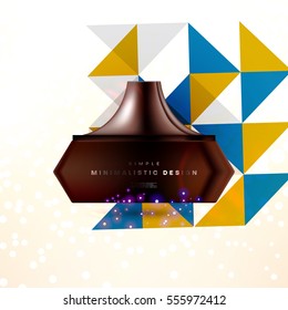 Cosmetic ads with hydrating facial cream mask bottle isolated on glitter particles background with geometric modern elements