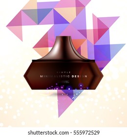 Cosmetic ads with hydrating facial cream mask bottle isolated on glitter particles background with geometric modern elements