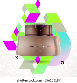 Cosmetic ads with hydrating facial cream mask bottle isolated on glitter particles background with geometric modern elements