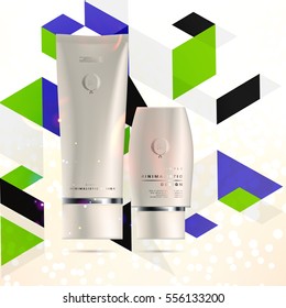 Cosmetic ads with hydrating facial cream mask bottle isolated on glitter particles background with geometric modern elements