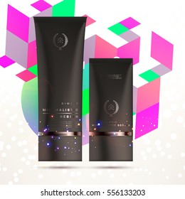 Cosmetic ads with hydrating facial cream mask bottle isolated on glitter particles background with geometric modern elements
